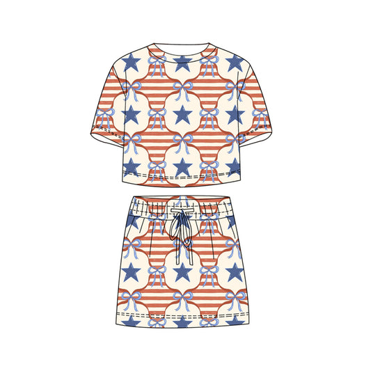 MOQ 5 PCS Preorder GSD3820 4th of July Star Bows Stripe Short Sleeve with Skirts for Girls Sets 202602