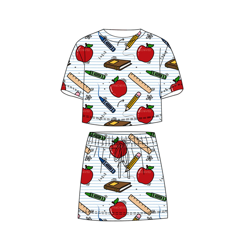 MOQ 5 PCS Preorder GSD3823 Back to School Books Pencil Apple Stripe Short Sleeve with Skirts for Girls Sets 202602