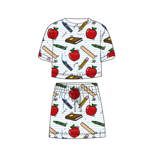 MOQ 5 PCS Preorder GSD3823 Back to School Books Pencil Apple Stripe Short Sleeve with Skirts for Girls Sets 202602