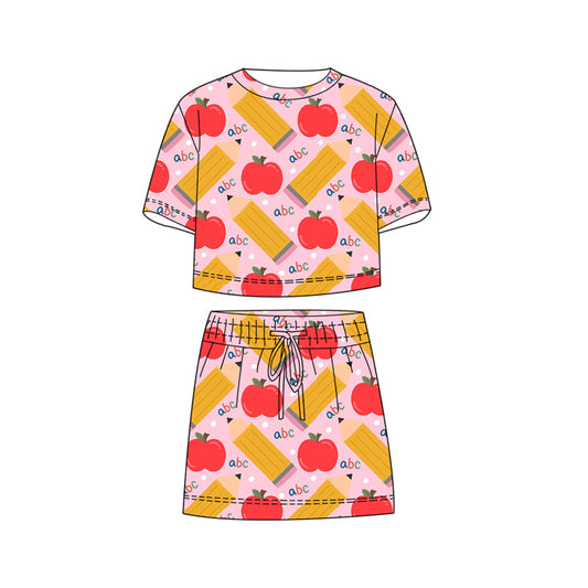 MOQ 5 PCS Preorder GSD3824 Back to School ABC Pencil Apple Short Sleeve with Skirts for Girls Sets 202602