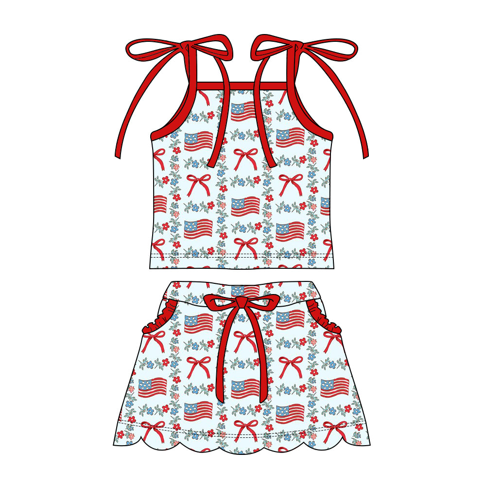MOQ 5 PCS Preorder GSD3826 4th of July Bows Flower Flag Sleeveless with Shorts Skirts for Girls Sets 202602