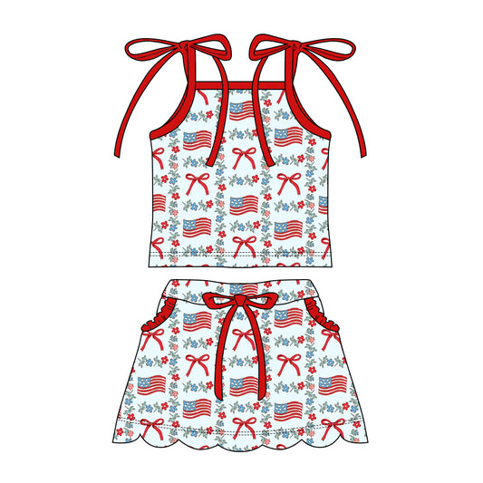 MOQ 5 PCS Preorder GSD3826 4th of July Bows Flower Flag Sleeveless with Shorts Skirts for Girls Sets 202602