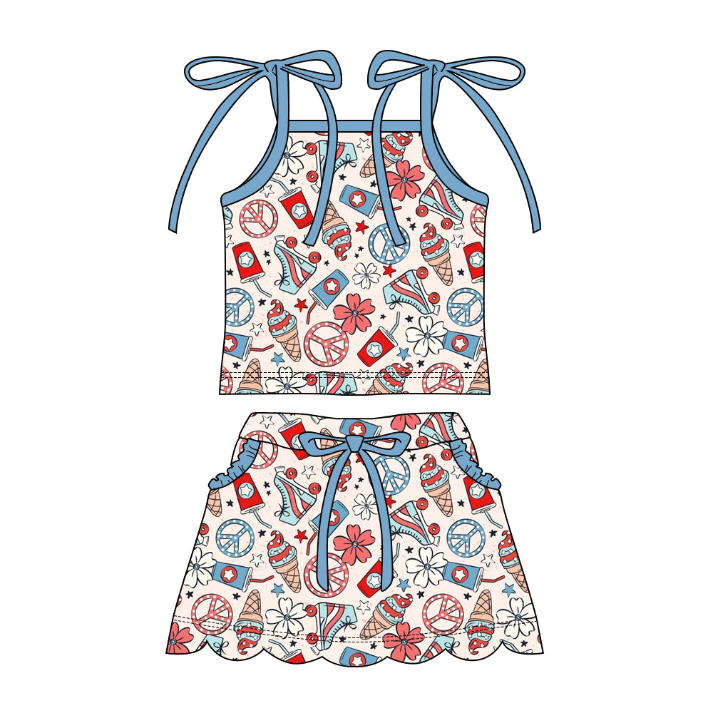 MOQ 5 PCS Preorder GSD3827 4th of July Ice Cream Flower Bows Sleeveless with Shorts Skirts for Girls Sets 202602