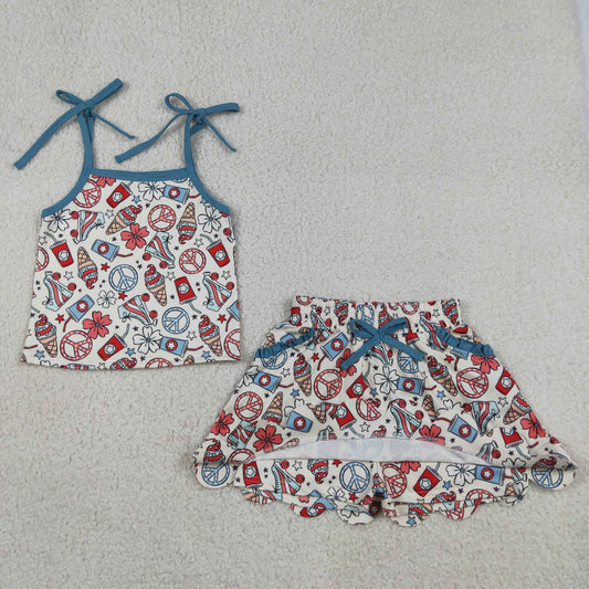 GSD3827 4th of July Ice Cream Flower Bows Sleeveless with Shorts Skirts for Girls Sets 202605 RTS