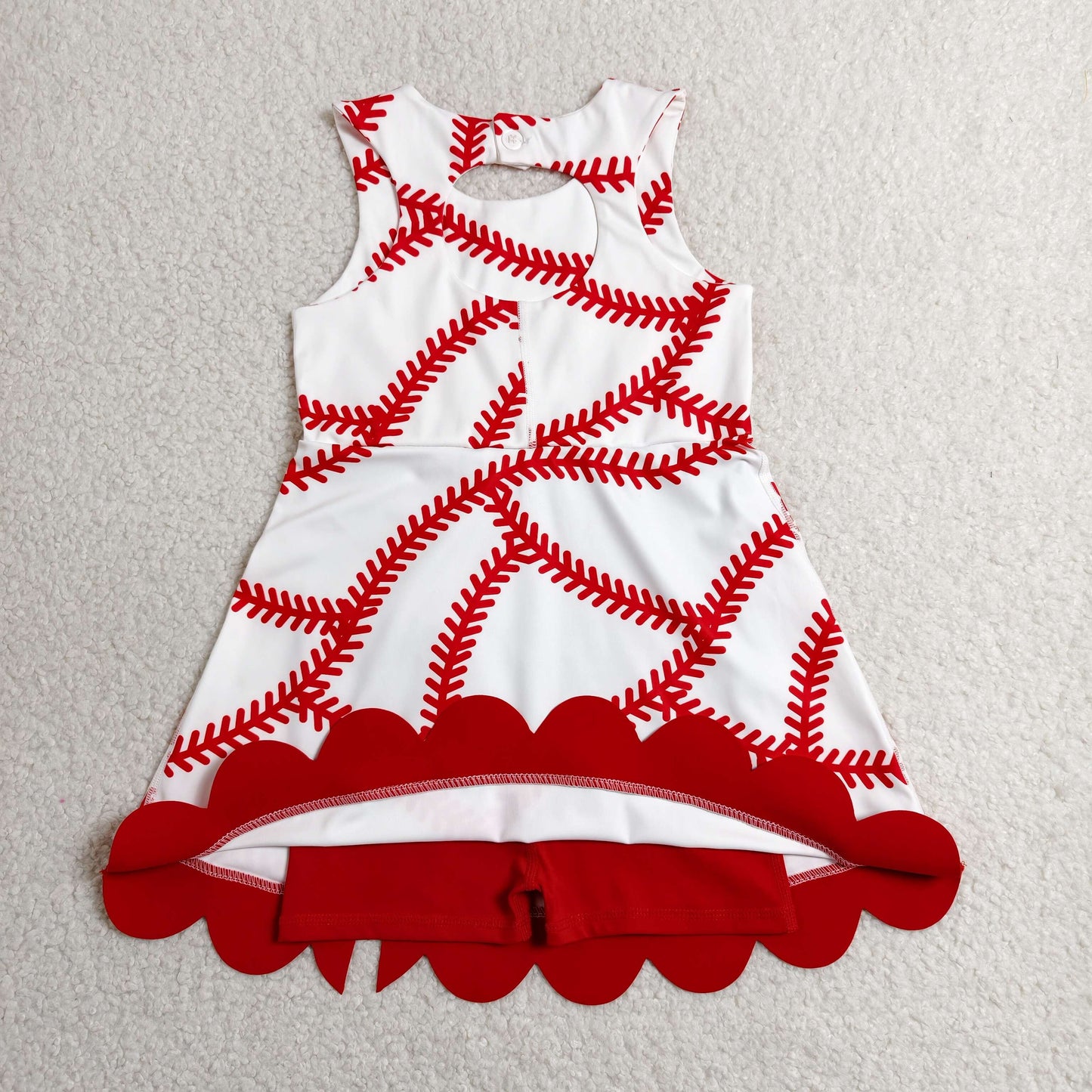 GSD3833 Baseball Pattern Red Bow Ruffle White Sleeveless Yoga Dresses for Girls 202606 RTS