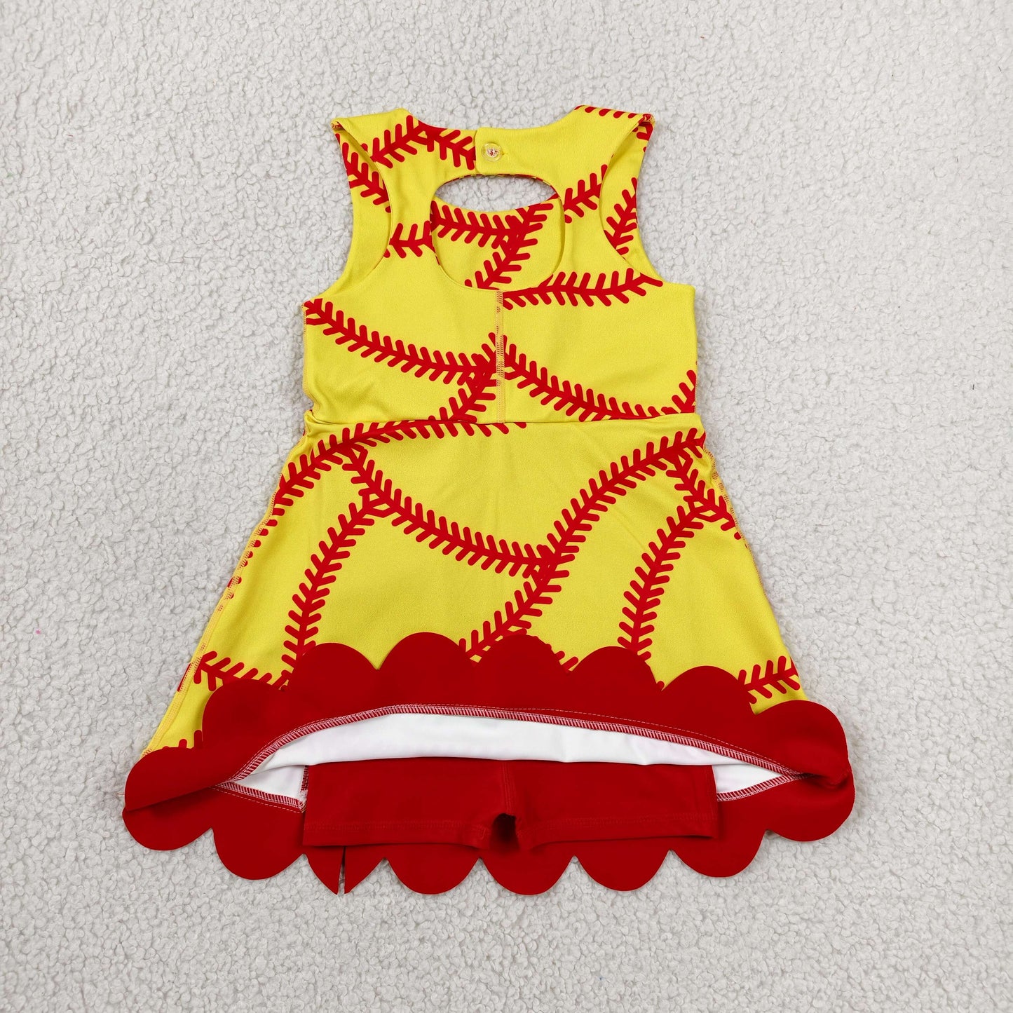 GSD3834 Baseball Pattern Red Bow Ruffle Yellow Sleeveless Yoga Dresses for Girls 202606 RTS