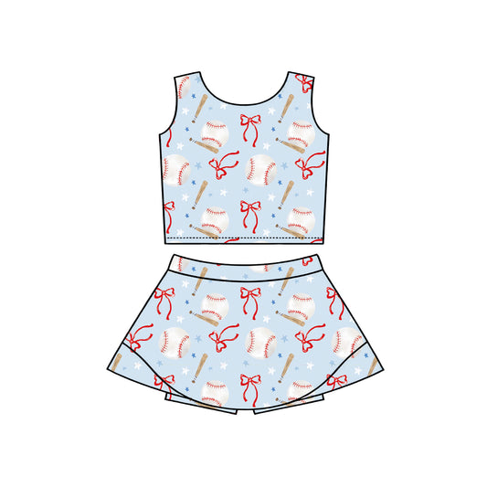 MOQ 5 preorder GSD3835 Baseball Star Bows Light Blue Sleeveless Top with Skirts for Girls Yoga Sets 202602
