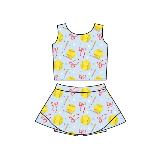 MOQ 5 preorder GSD3836 Softball Star Bows Light Blue Sleeveless Top with Skirts for Girls Yoga Sets 202602
