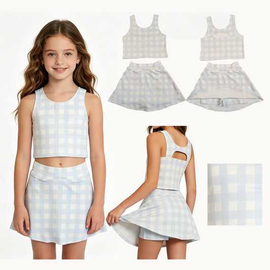 GSD3839 Light Blue White Plaid Sleeveless Top with Skirts for Girls Yoga Sets 202604 RTS