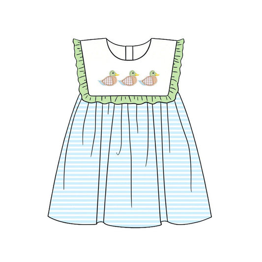 MOQ 5 PCS Preorder GSD3841 Ducks Green Ruffle Blue Stripe Sleeveless Dresses for Girls 202602