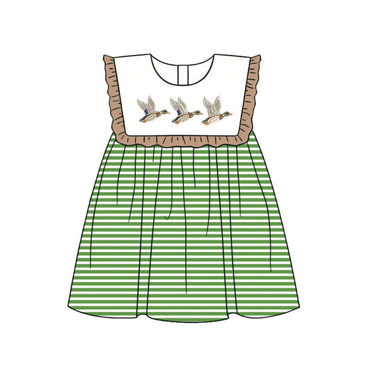 MOQ 5 PCS Preorder GSD3842 Duck Hunting Brown Ruffle Green Stripe Sleeveless Dresses for Girls 202602