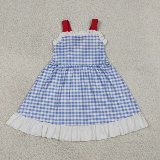 GSD3843 White Ruffle Red Bow Light Blue Plaid Sleeveless Dresses for Girls 202605 RTS