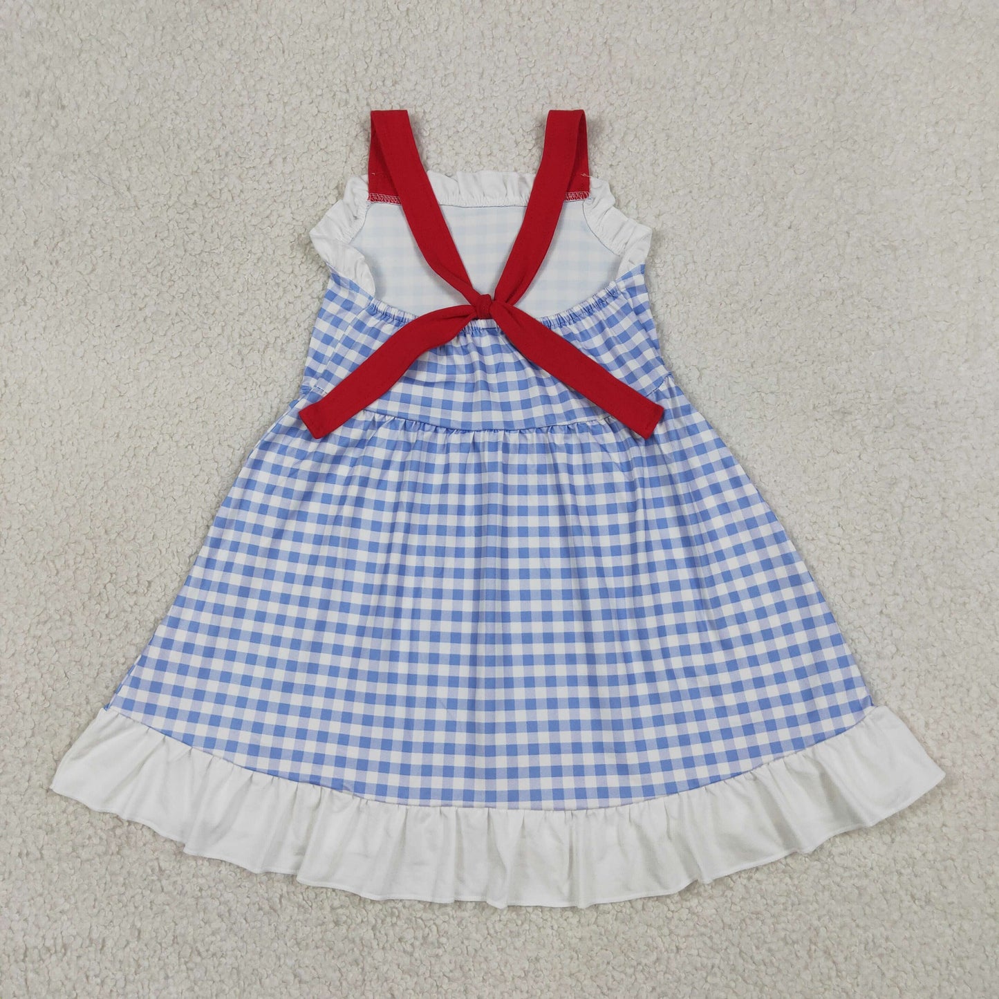 GSD3843 White Ruffle Red Bow Light Blue Plaid Sleeveless Dresses for Girls 202605 RTS
