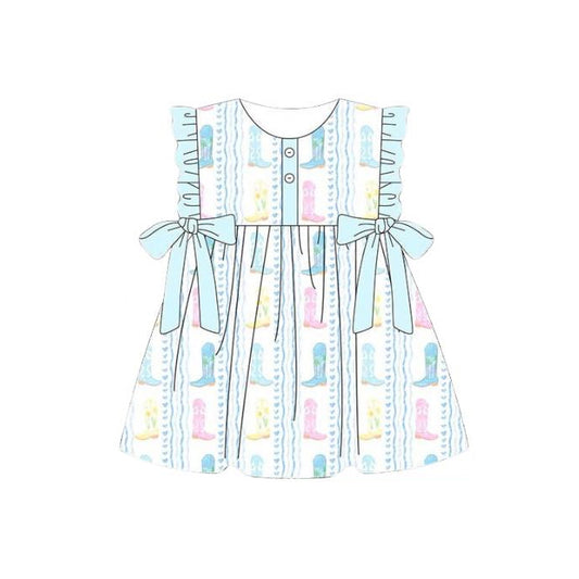 MOQ 5 PCS Preorder GSD3847 Boots Love Light Blue Green Ruffle Sleeveless Dresses for Girls 202603
