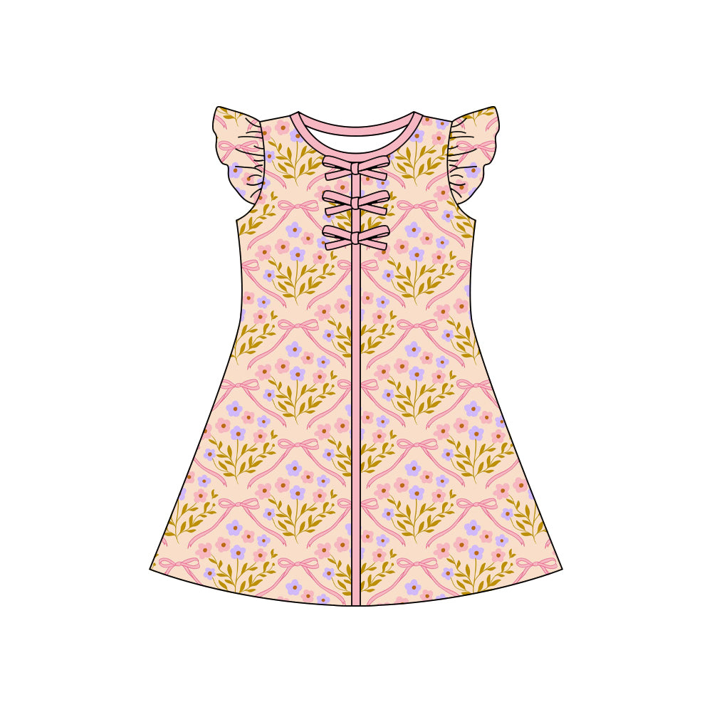 MOQ 5 PCS Preorder GSD3853 Orange Pink Flower Leaf Bows Flying Sleeve Dresses for Girls 202603