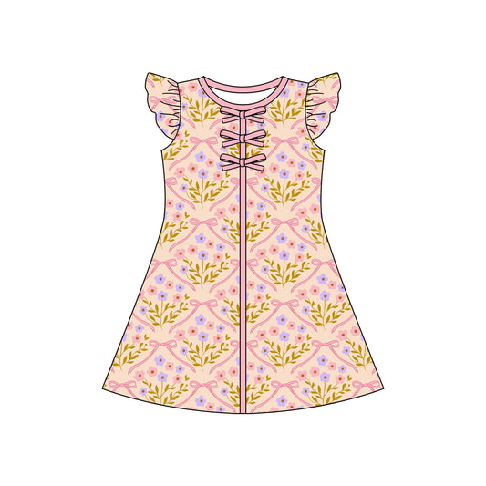 MOQ 5 PCS Preorder GSD3853 Orange Pink Flower Leaf Bows Flying Sleeve Dresses for Girls 202603