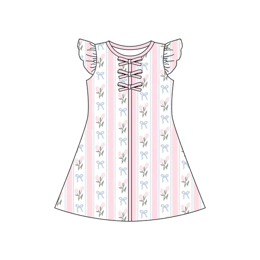 MOQ 5 PCS Preorder GSD3856 Flower Bows Stripe Pink Flying Sleeve Dresses for Girls 202603