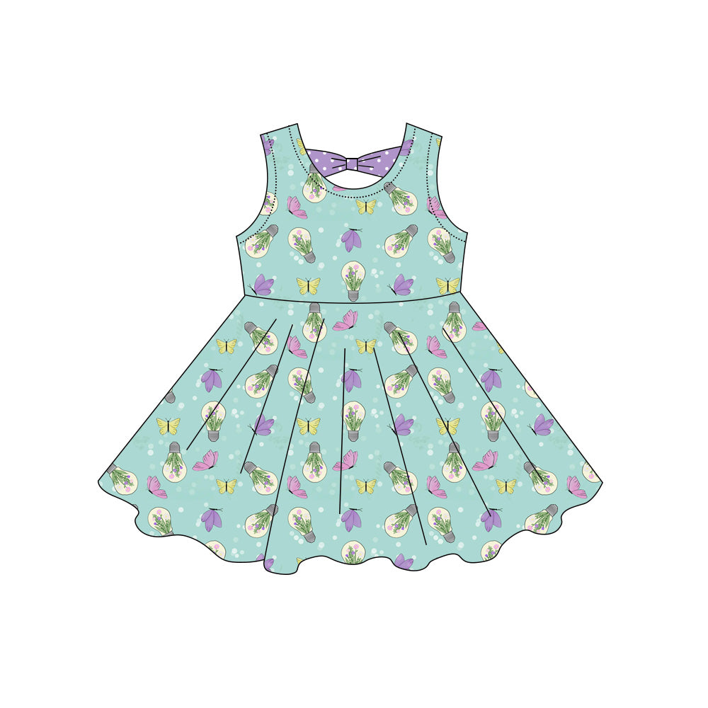 MOQ 5 PCS Preorder GSD3860 Flower Butterfly Light Bulb Dots Bow Blue Green Sleeveless Dresses for Girls 202603