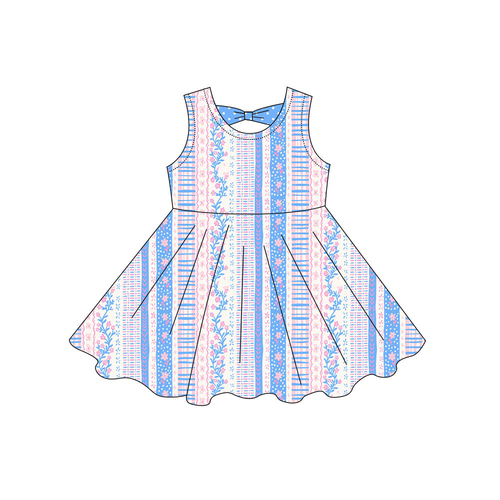 MOQ 5 PCS Preorder GSD3862 Flower Stripe Dots Bow Pink Blue Sleeveless Dresses for Girls 202603