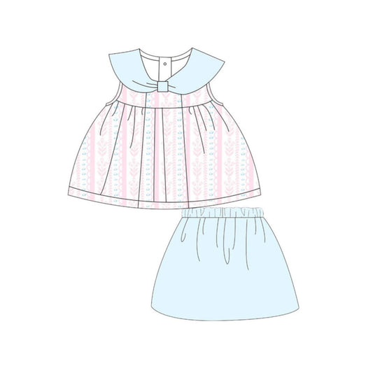 MOQ 5 PCS Preorder GSD3866 Flower Wavy Stripe Pink Blue Sleeveless Skirts Girls Sets 202603