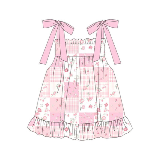 MOQ 5 PCS Preorder GSD3868 Floral Plaid Ruffle Pink Halter Dresses for Girls 202603