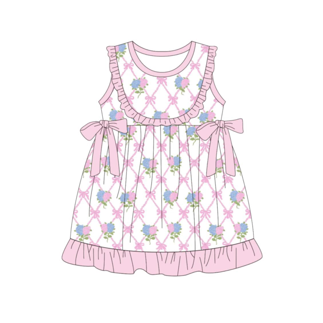 MOQ 5 PCS Preorder GSD3869 Flower Pink Bows Ruffle Sleeveless Dresses for Girls 202603