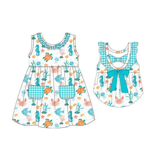 MOQ 5 PCS Preorder GSD3871 Turtle Seahorse Jellyfish Blue Green Plaid Ruffle Sleeveless Dresses for Girls 202603