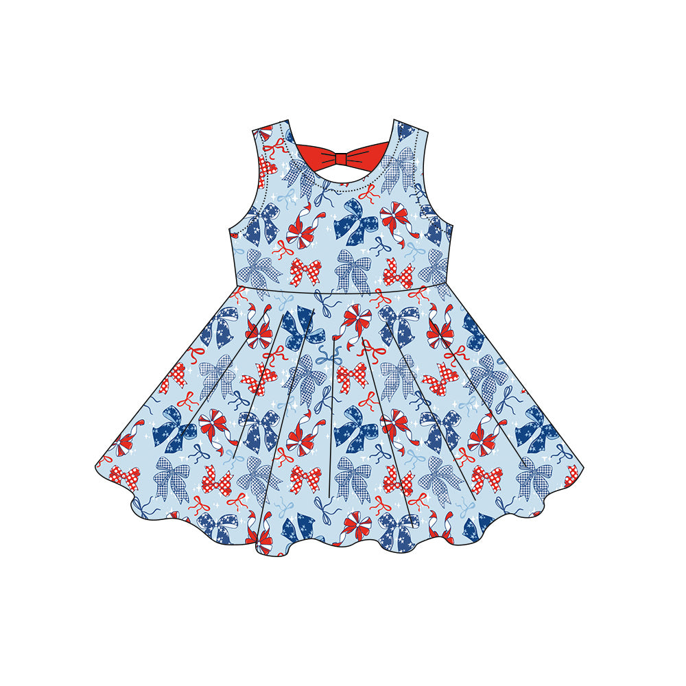 MOQ 5 PCS Preorder GSD3873 4th of July Red Blue Bows Sleeveless Dresses for Girls 202603