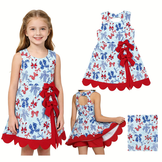 GSD3875 4th of July Red Blue Bows Red Wave Ruffle Yellow Sleeveless Yoga Dresses for Girls 202605 RTS