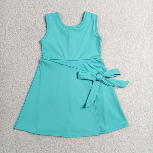GSD3876 Solid Blue Green Bows Sleeveless Yoga Dresses for Girls 202606 RTS