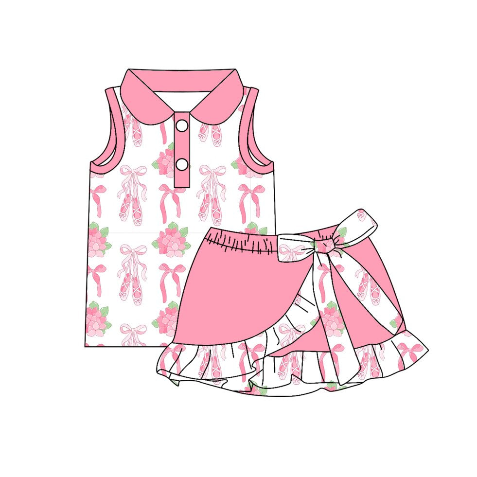 MOQ 30 PCS Preorder GSD3884 Ballet Shoes Bows Flower Pink Doll Collar Sleeveless with Ruffle Skirts for Girls Sets 202603