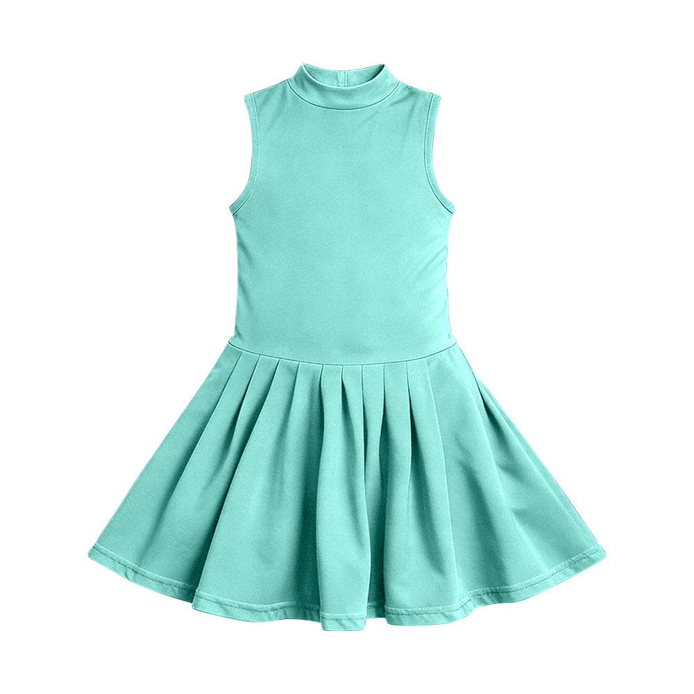 MOQ 30 PCS Preorder GSD3888 Solid Blue Green Sleeveless Yoga Pleated Dresses for Girls 202603