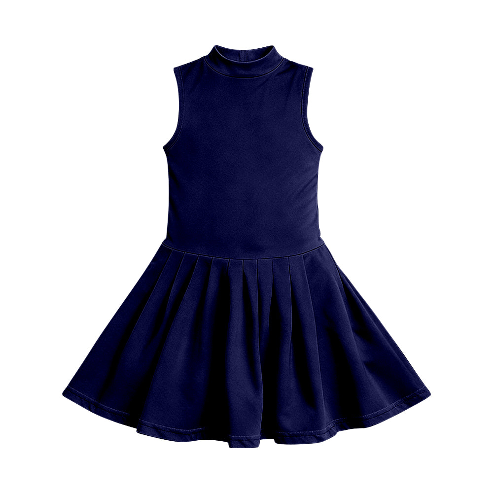 MOQ 30 PCS Preorder GSD3890 Solid Navy Sleeveless Yoga Pleated Dresses for Girls 202603