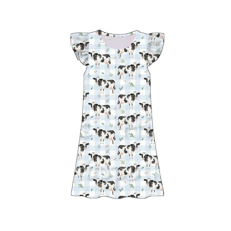 MOQ 5 PCS Preorder GSD3895 Farm Cow Blue Plaid Fly Sleeve Dresses for Girls 202603