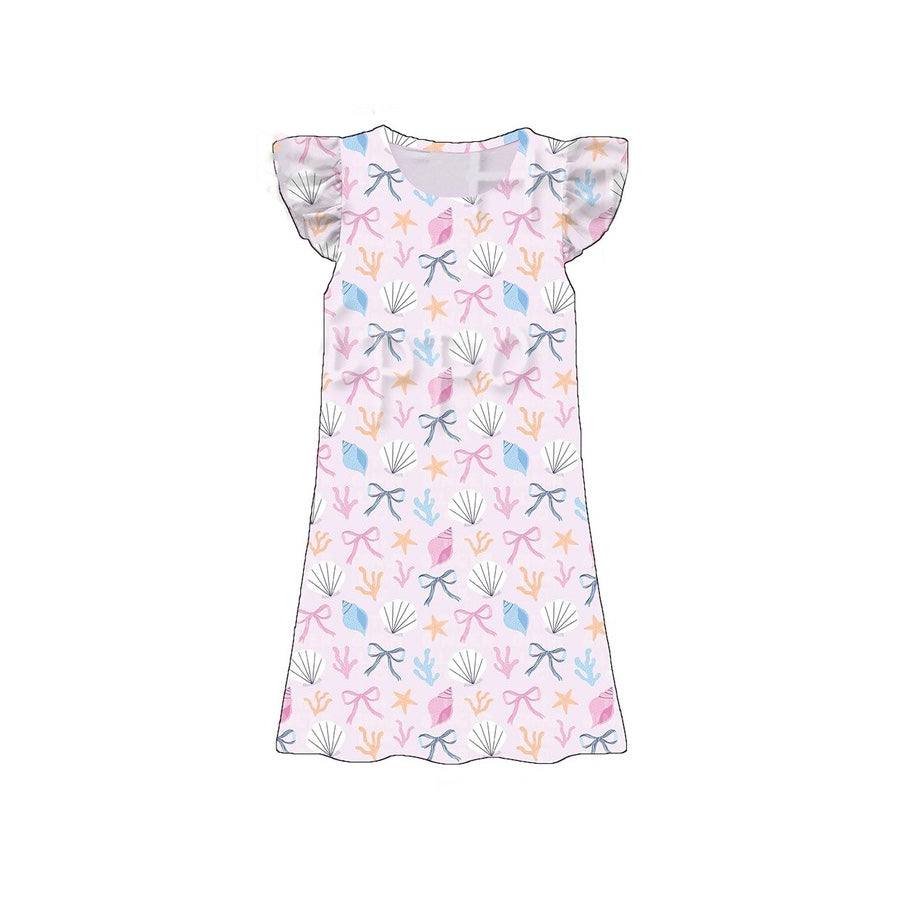 MOQ 5 PCS Preorder GSD3901 Seashell Coral Starfish Bow Pink Fly Sleeve Dresses for Girls 202603