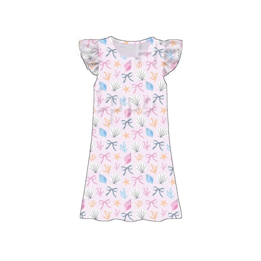 MOQ 5 PCS Preorder GSD3901 Seashell Coral Starfish Bow Pink Fly Sleeve Dresses for Girls 202603
