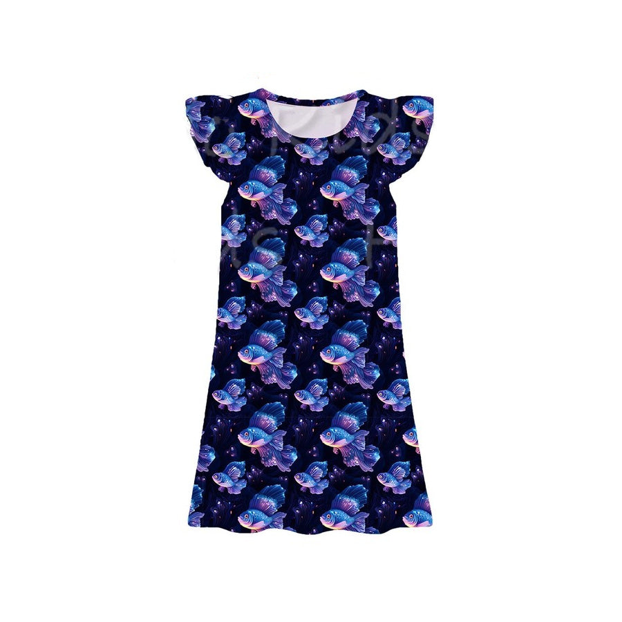 MOQ 5 PCS Preorder GSD3902 Fishing Pattern Fly Sleeve Dresses for Girls 202603