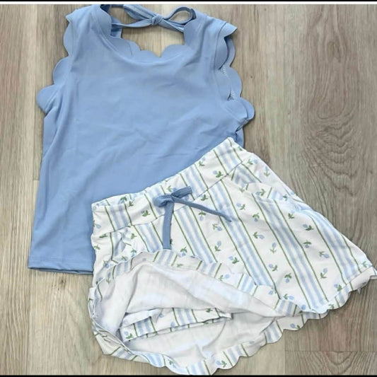 MOQ 5 preorder GSD3906 Solid Blue Wavy Ruffle Sleeveless Top with Floral Stripe Skirts for Girls Yoga Sets 202603