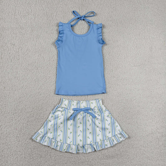 GSD3906 Solid Blue Wavy Ruffle Sleeveless Top with Floral Stripe Skirts for Girls Yoga Sets 202606 RTS