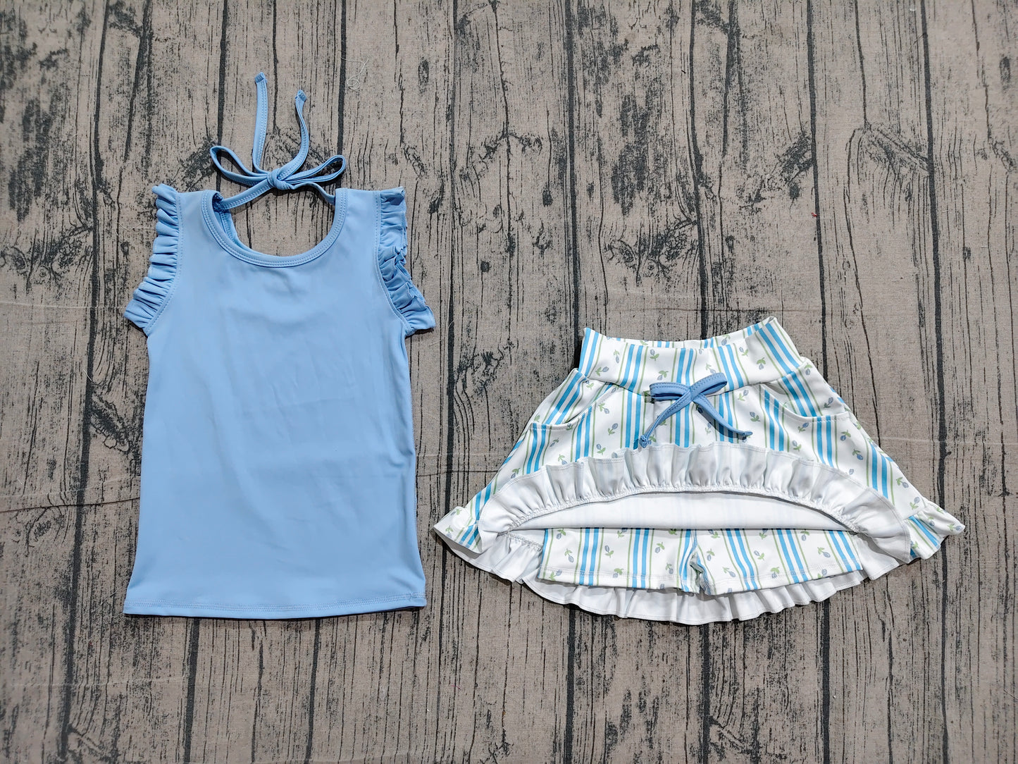 NO MOQ preorder GSD3906 Solid Blue Wavy Ruffle Sleeveless Top with Floral Stripe Skirts for Girls Yoga Sets 202604