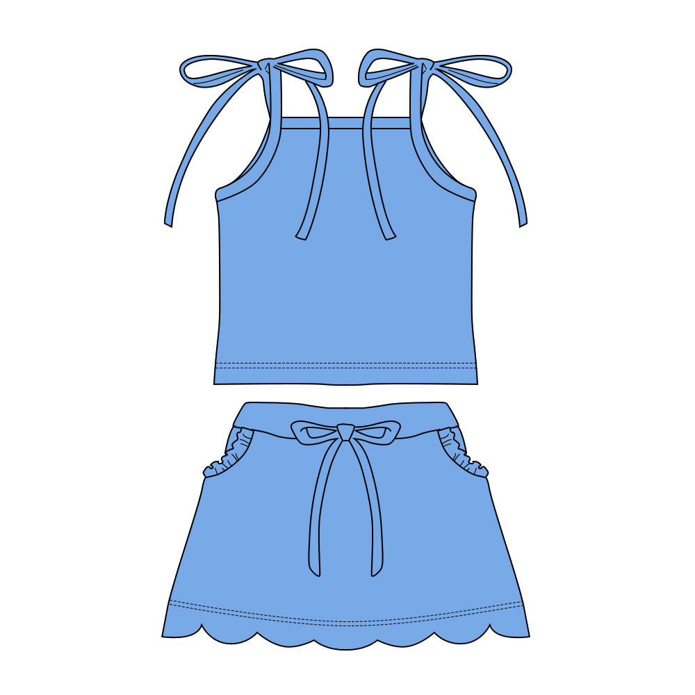 MOQ 30 PCS Preorder GSD3908 Solid Blue Sleeveless with Wave Ruffle Skirts for Girls Sets 202603