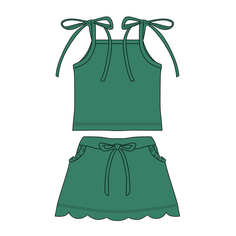 MOQ 30 PCS Preorder GSD3909 Solid Green Sleeveless with Wave Ruffle Skirts for Girls Sets 202603