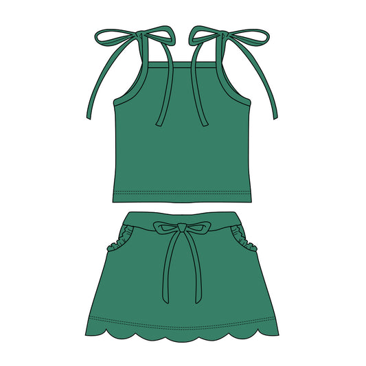 MOQ 30 PCS Preorder GSD3909 Solid Green Sleeveless with Wave Ruffle Skirts for Girls Sets 202603