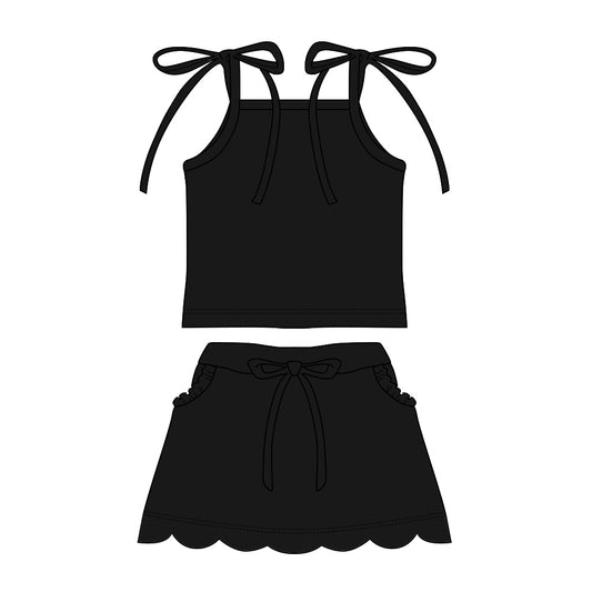 MOQ 30 PCS Preorder GSD3910 Solid Black Sleeveless with Wave Ruffle Skirts for Girls Sets 202603