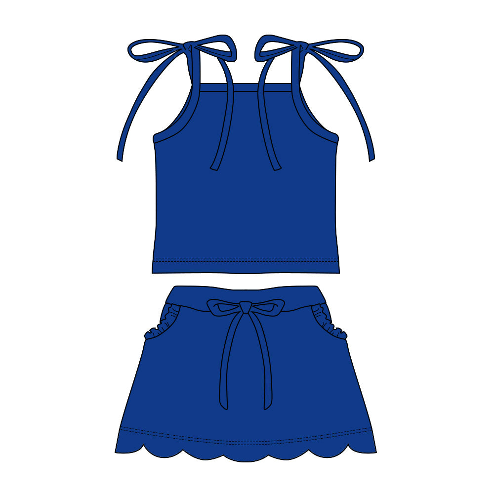MOQ 30 PCS Preorder GSD3912 Solid Dark Blue Sleeveless with Wave Ruffle Skirts for Girls Sets 202603