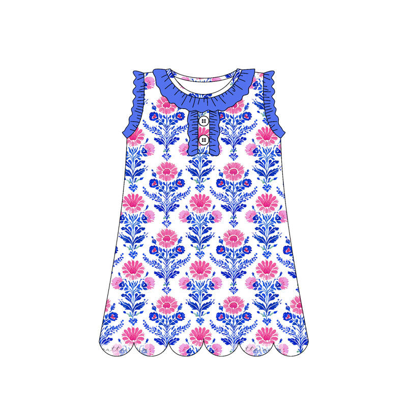 MOQ 30 PCS Preorder GSD3916 Flower Wave Ruffle Blue Sleeveless Dresses for Girls 202603
