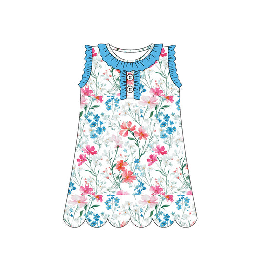 MOQ 30 PCS Preorder GSD3919 Flower Leaf Wave Ruffle Blue White Sleeveless Dresses for Girls 202603