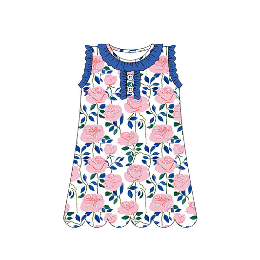 MOQ 30 PCS Preorder GSD3920 Pink Flower Leaf Wave Ruffle Blue White Sleeveless Dresses for Girls 202603