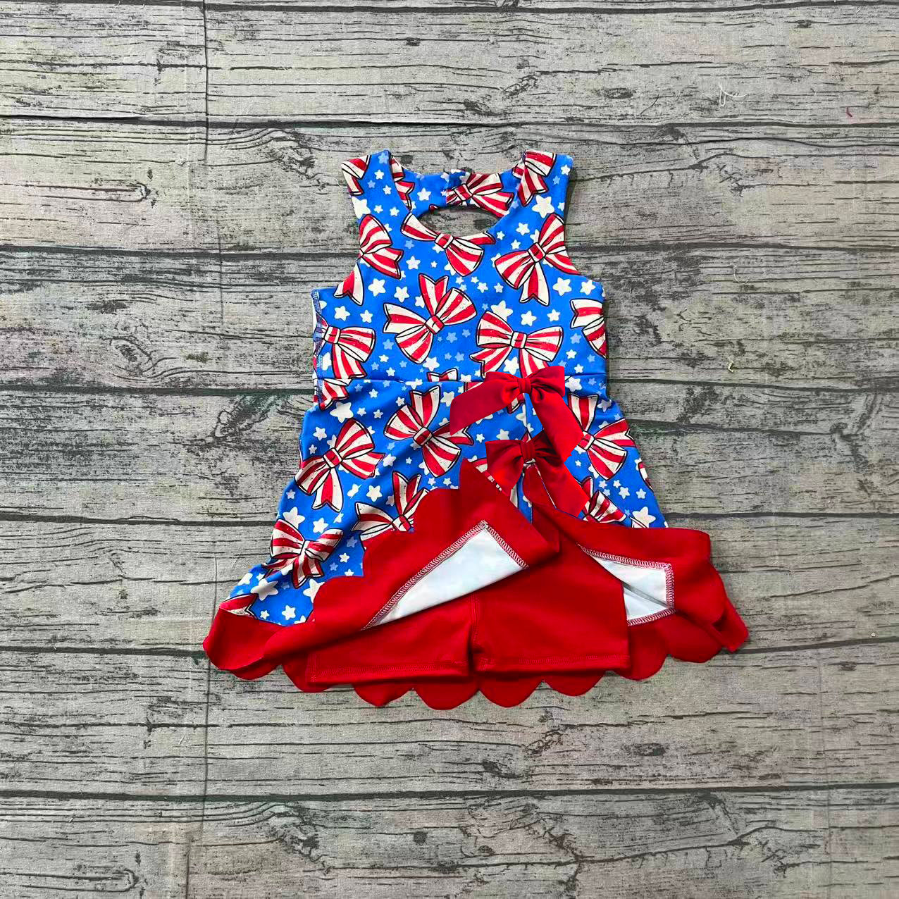 NO MOQ Preorder GSD3925 Bow Star Red Ruffle Blue Sleeveless Yoga Dresses for Girls 202604