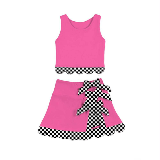 MOQ 30 PCS preorder GSD3926 Black Plaid Bows Wave Ruffle Rose Red Sleeveless Top with Skirts for Girls Yoga Sets 202603